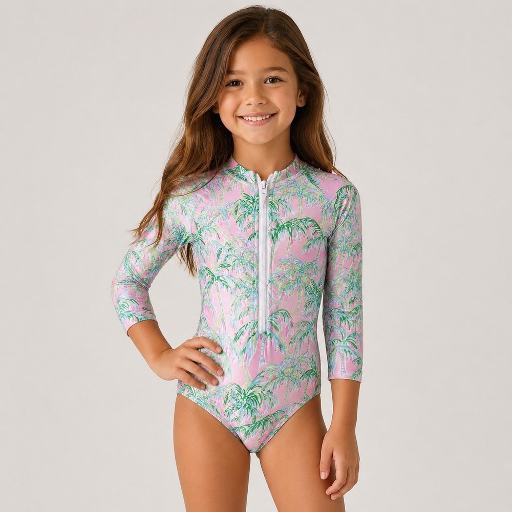 Tommy Bahama Girls Rash Guard Swimsuit Medium 7-8 Pink Palm Zip Long Sleeve